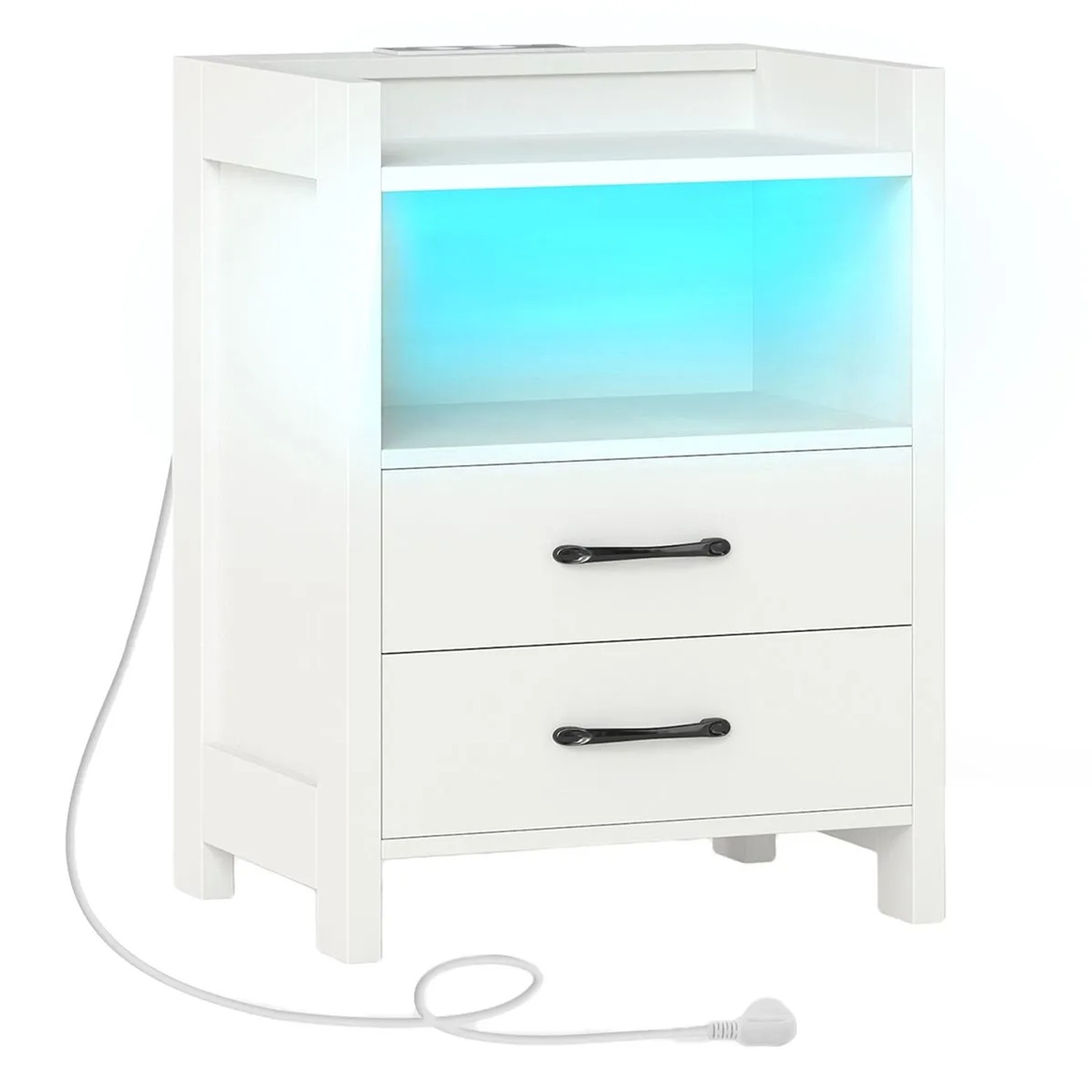 Costway Nachttisch mit Led-Lichtern & Ladestation 2 Schubladen Weiß 60 cm günstig online kaufen