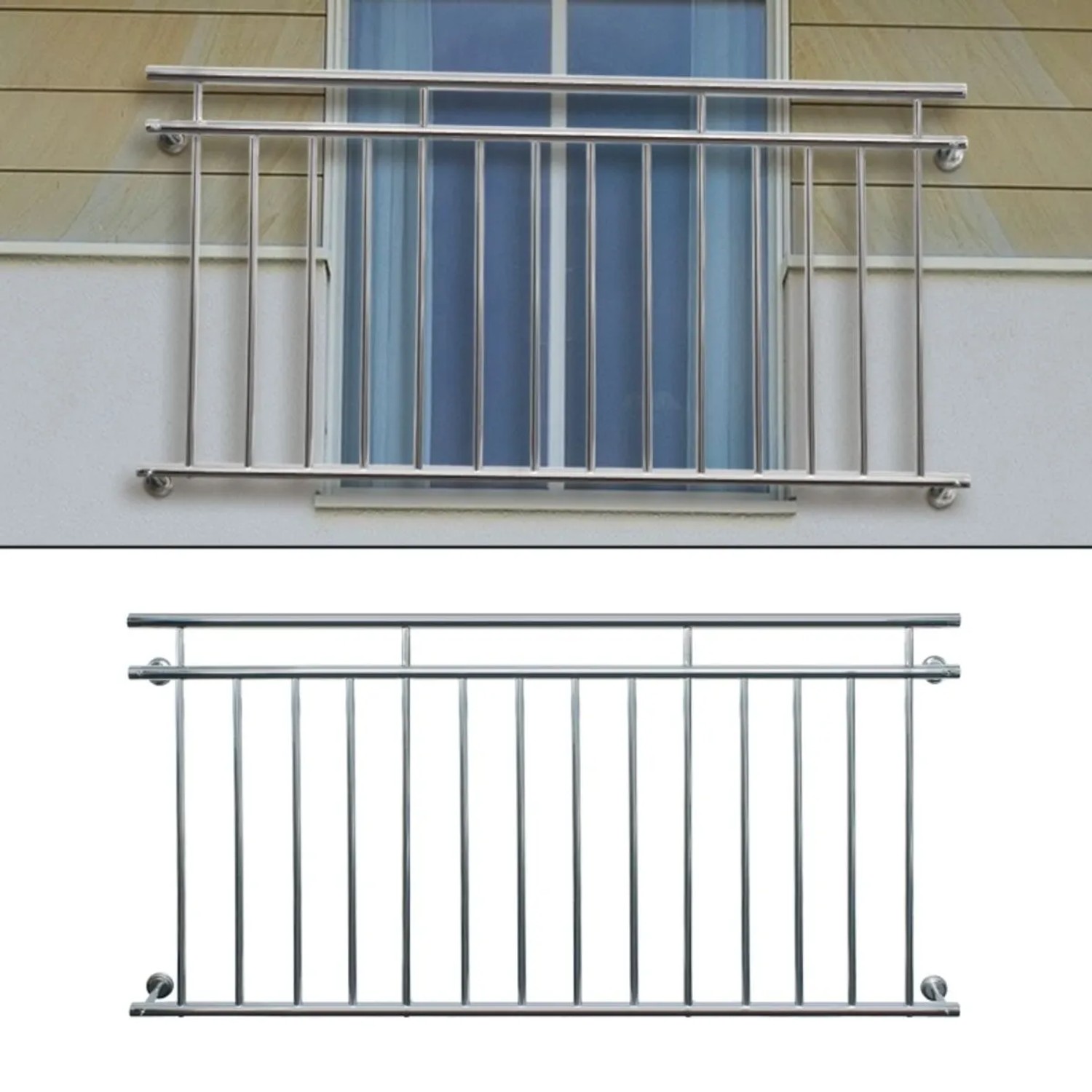 Glänzender, französischer Balkon von ECD Germany, 156x90cm, mit 11 Füllstäben als Tür- und Fenstersicherung.