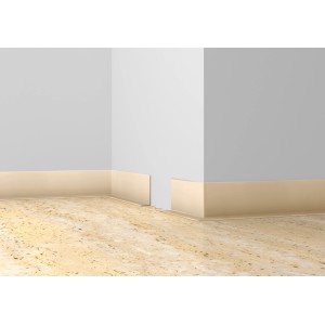 Selbstklebende, helle Buche Knickwinkel Sockelleiste (48x13mm) an Wand und Ecke.