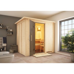 Karibu Sauna Dilja mit LED-Dachkranz aus Naturholz, graphitfarbene Tür, Bänke und Ofenschutzgitter.