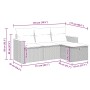 vidaXL 4-Tlg. Garten-Sofagarnitur aus grauem Rattan mit Kissen, Maße eingezeichnet.