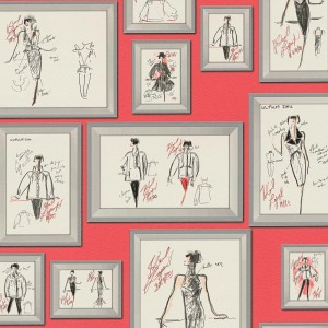 Ausgefallene Bricoflor Vliestapete mit Modezeichnungen in Schwarz, Weiß und Koralle.