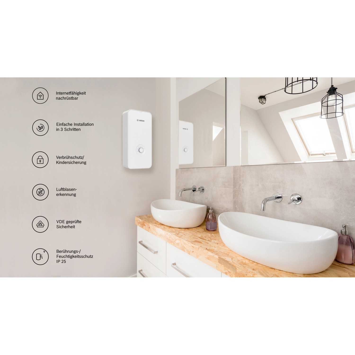 Bosch Tronic Comfort Plus Durchlauferhitzer im modernen Badezimmer mit zwei Waschbecken.