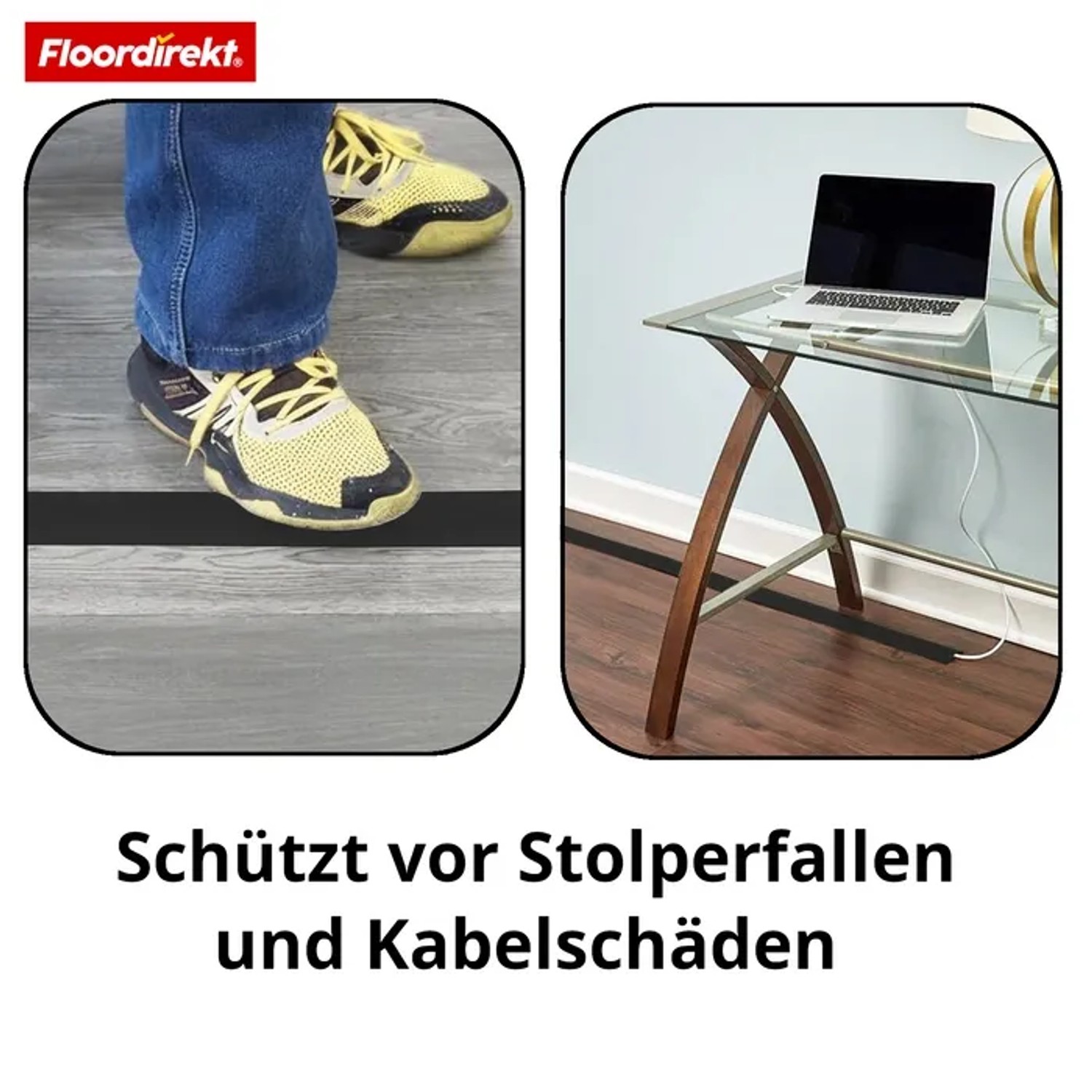 Floordirekt Kabelkanal Cable Guard, schwarz, 1,8m. Rutschfester Stolperschutz für Elektroinstallationsmaterial.