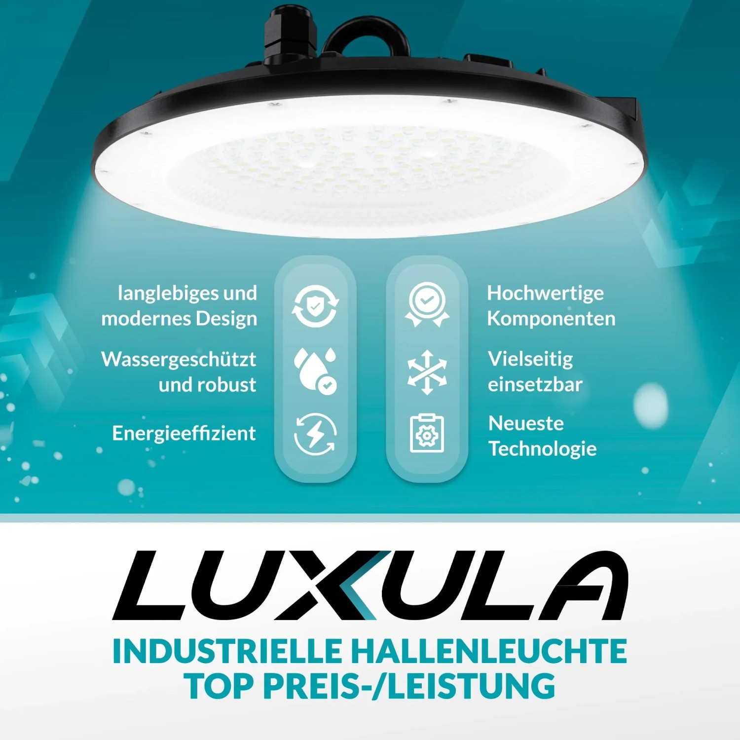 LUXULA LED Hallenstrahler 150W, neutralweiß, UFO Design. Kompakte HighBay Hallenleuchte, IP65.