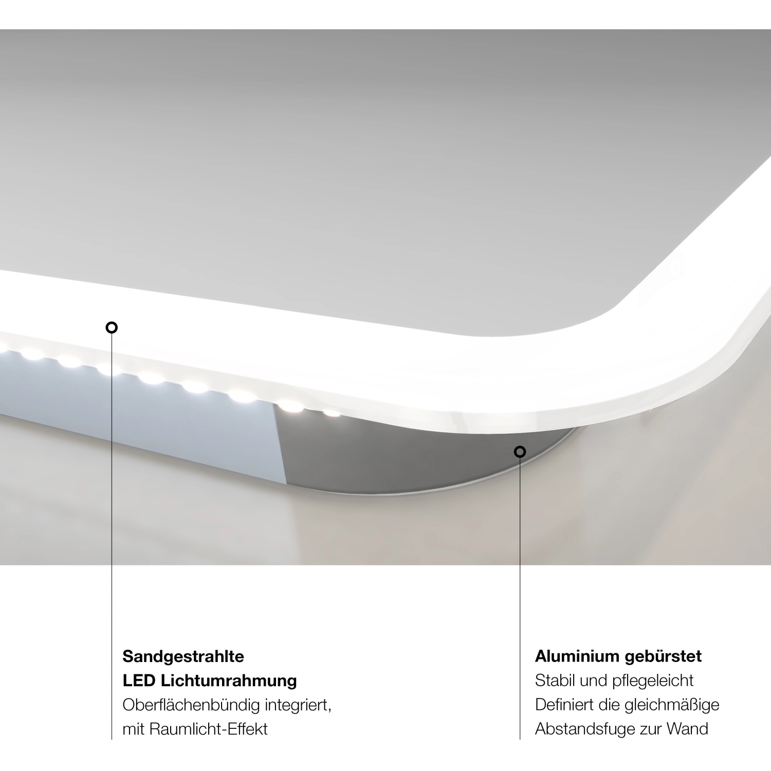 Detailansicht des DSK Design LED-Lichtspiegels Silver Rio mit Aluminiumrahmen und LED-Beleuchtung.