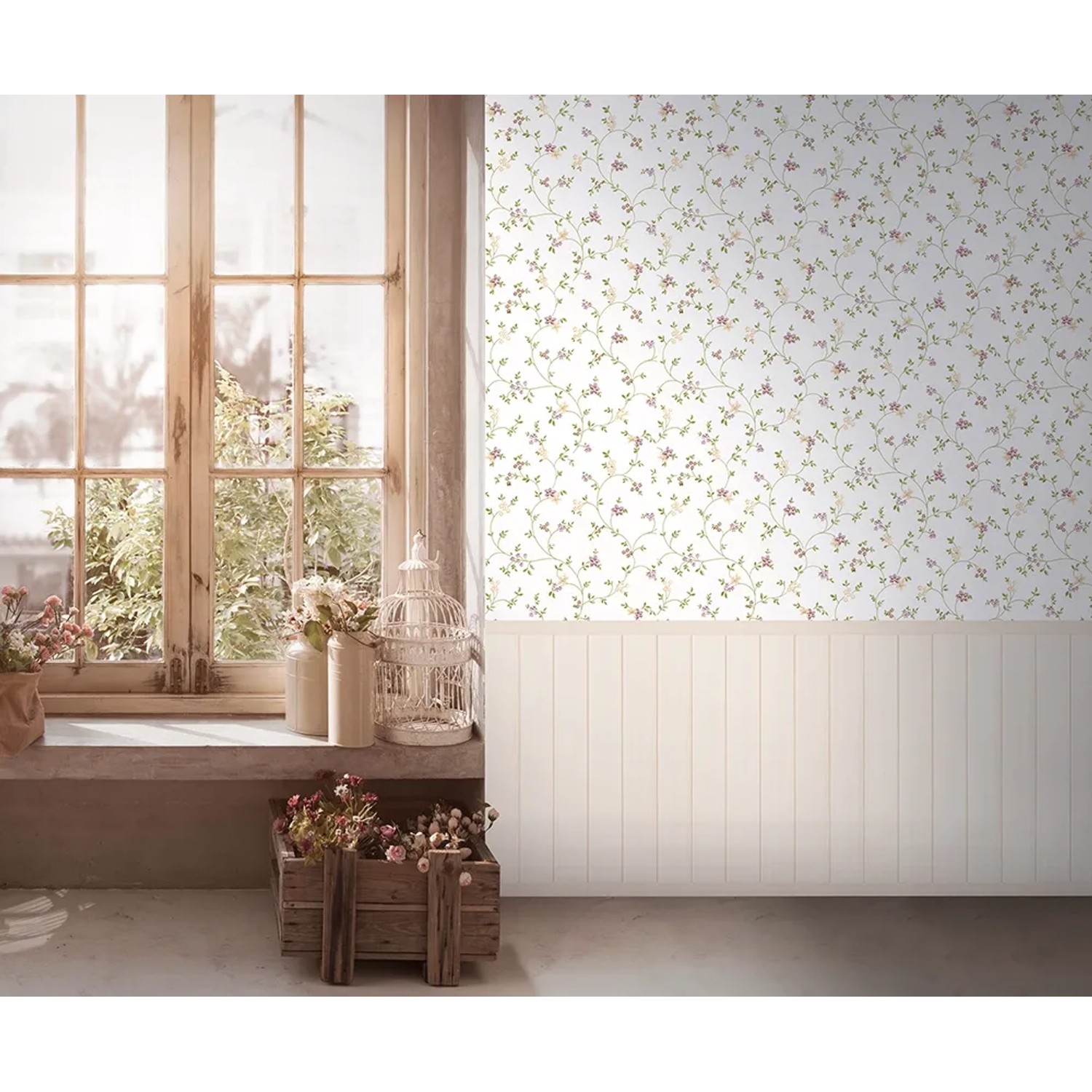 A.S. Création Vliestapete Wallpanel Blümchen Creme im Raum mit Fenster und Dekoration.