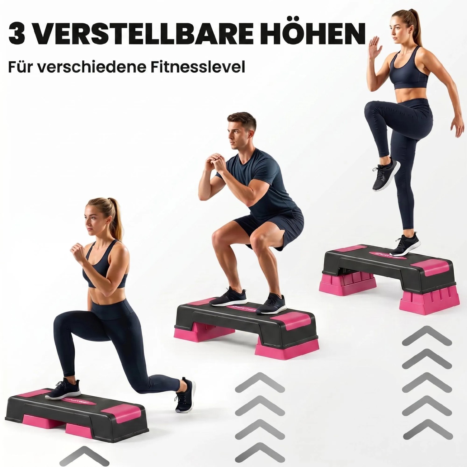 Drei Personen trainieren auf höhenverstellbaren, schwarz-rosa SPORTNOW Aerobic Steppern für Cardio- und Kraftübungen.