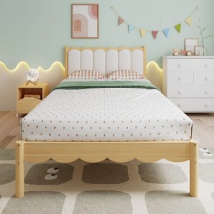 Beiges Merax Kinderbett 90x200 cm mit Wellendesign, gepolstertem Kopfteil und Holzrahmen im Kinderzimmer.