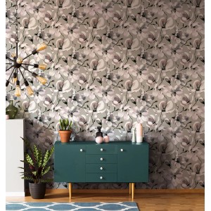 Graue Marburg Vliestapete Flora 4 mit floralem Naturmuster im Wohnraum.