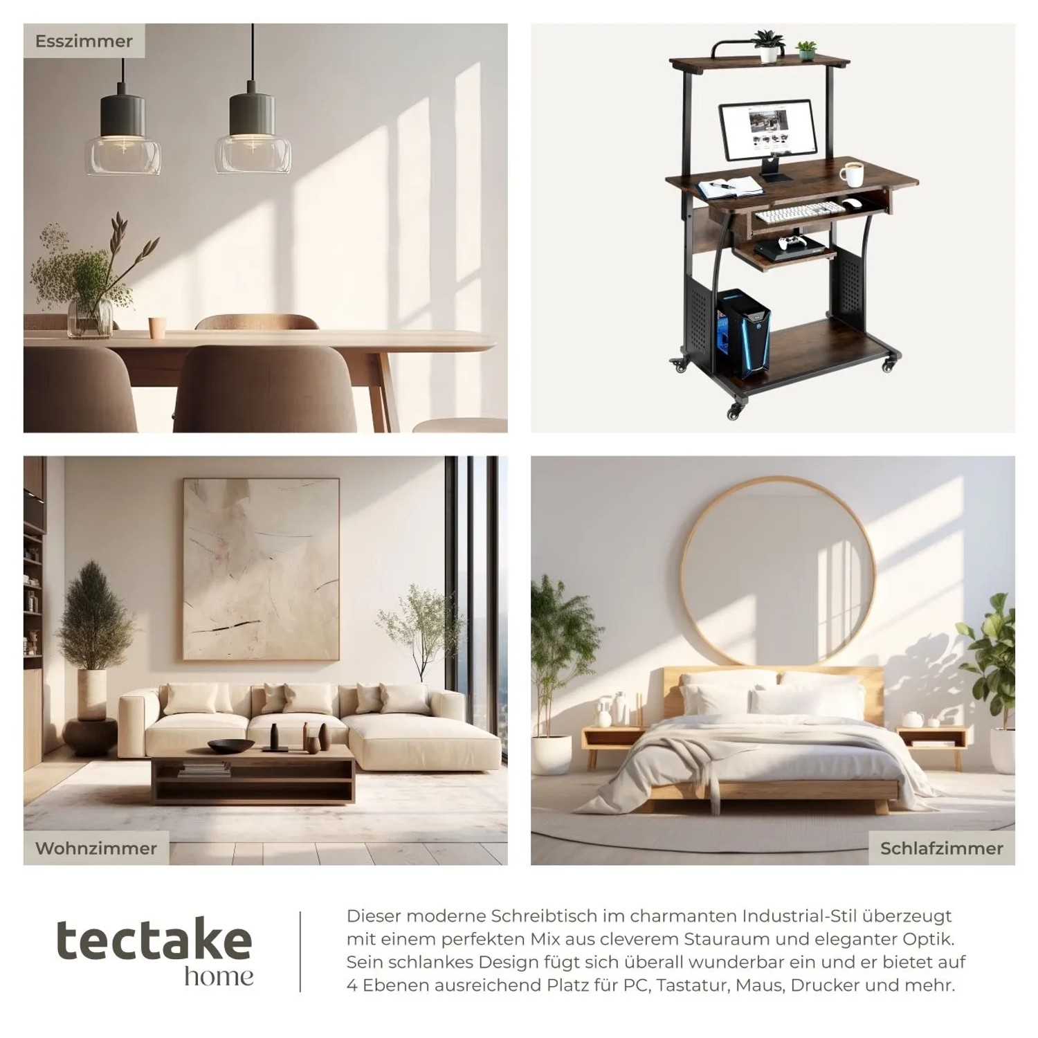 Tectake Schreibtisch Fife im Industrial Style mit Ablagen und Rollen.