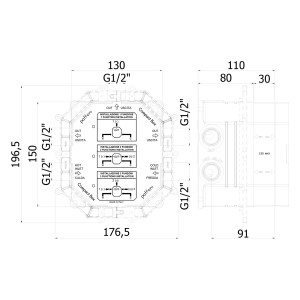 Technische Zeichnung Kronenbach Kronbox Smart Push Universal-Grundkörper mit Maßangaben für Wannenarmatur.