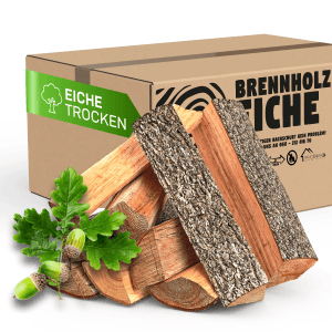Flammingo Eichen-Brennholz, trocken, 30kg im Karton mit Eicheln und Blättern.
