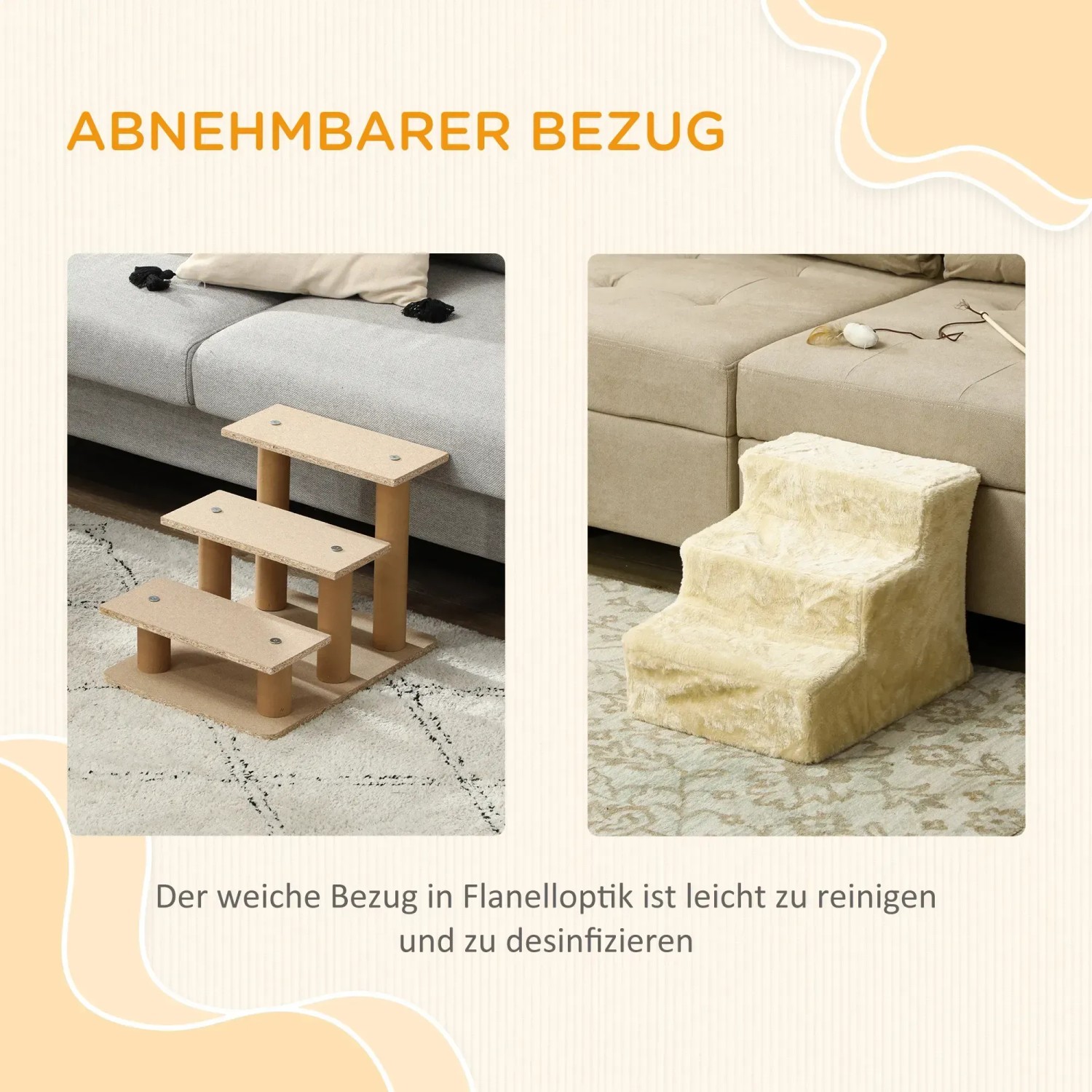 Beige PawHut Haustiertreppe aus Plüsch und Spanplatte, 3 Stufen für Hunde und Katzen.