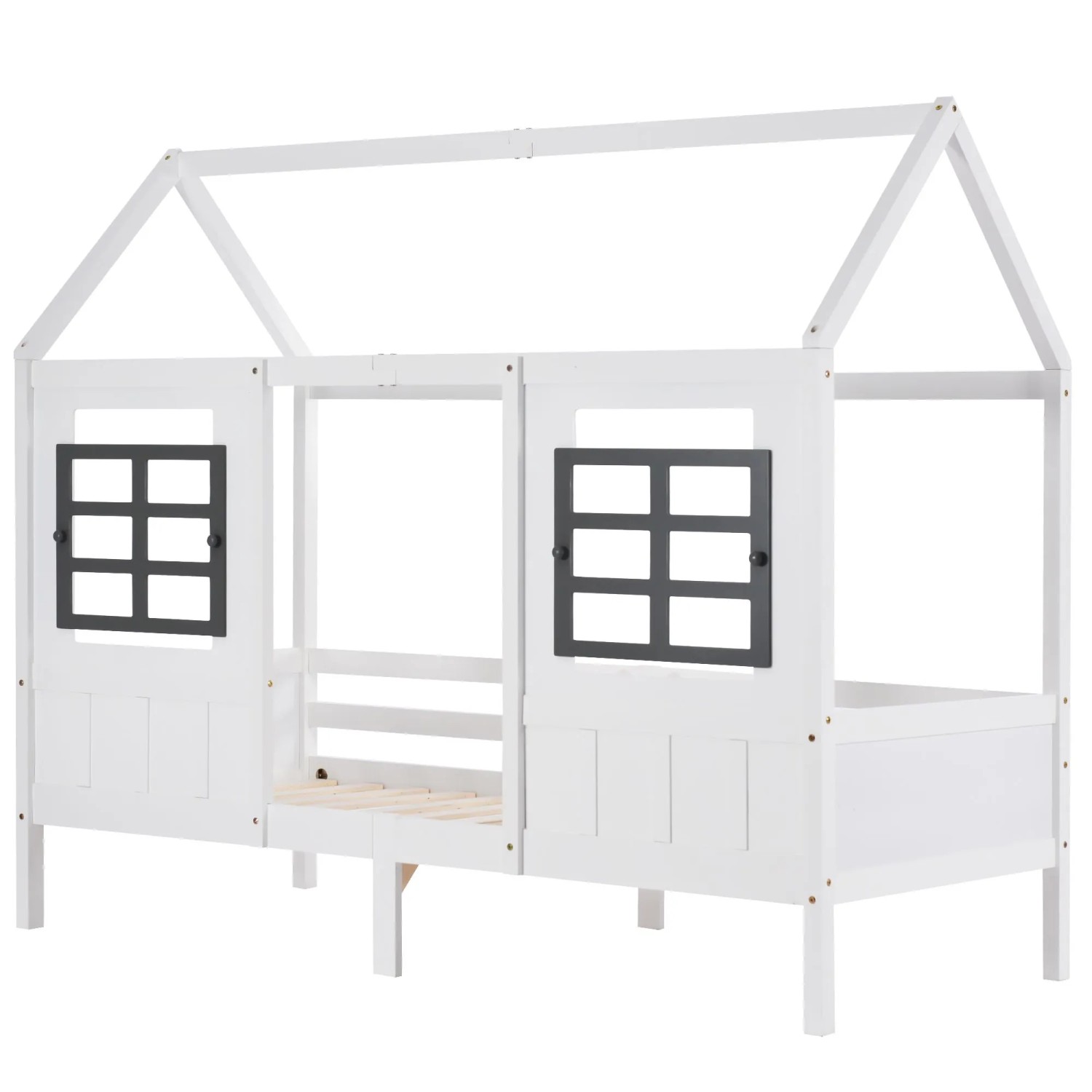 okwish Hausbett 90x200cm mit Fenstern Tagesbett Kinderzimmer Weiß ohne Matratze