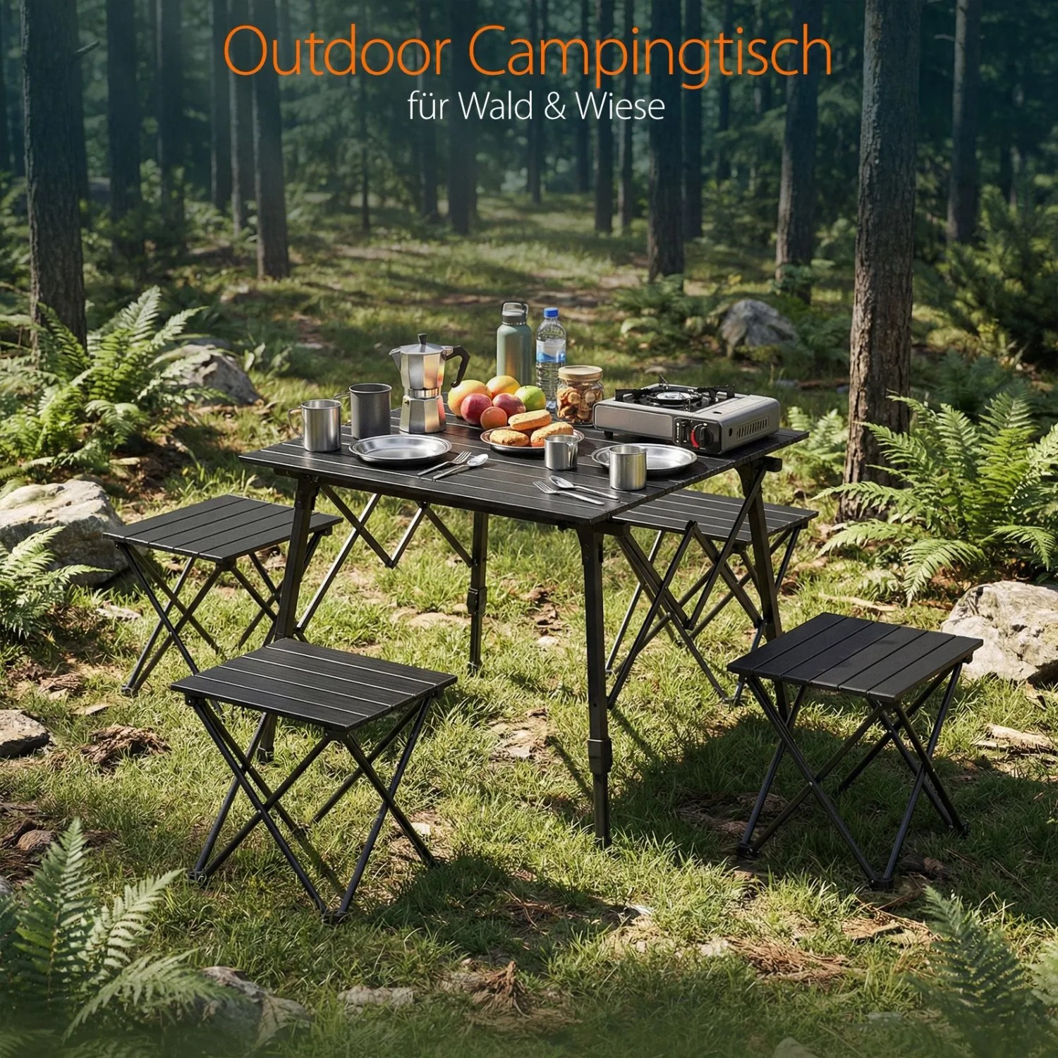 Schwarzer Aluminium Campingtisch, klappbar & höhenverstellbar, mit Campingzubehör in Waldkulisse.