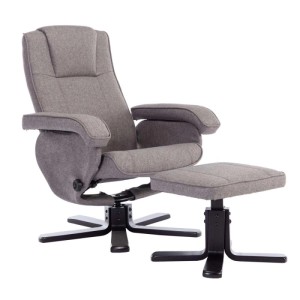 Grauer Svita Charles Relaxsessel mit Hocker, Polyesterbezug und Holzfüßen. Drehsessel mit Liegefunktion für Komfort.