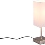 Moderne Tischleuchte Ole in Nickel matt mit weißem Stoffschirm, USB-Anschluss für Design-Tischlampen.