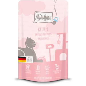 Mjamjam Quetschie Katzenfutter Saftiges Hühnchen mit Lachsöl, 125g Packung.