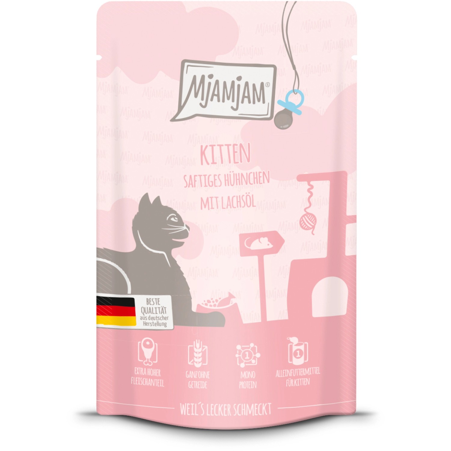 Mjamjam Nassfutter Quetschie Katzen Saftiges Hühnchen mit Lachsöl 125 g