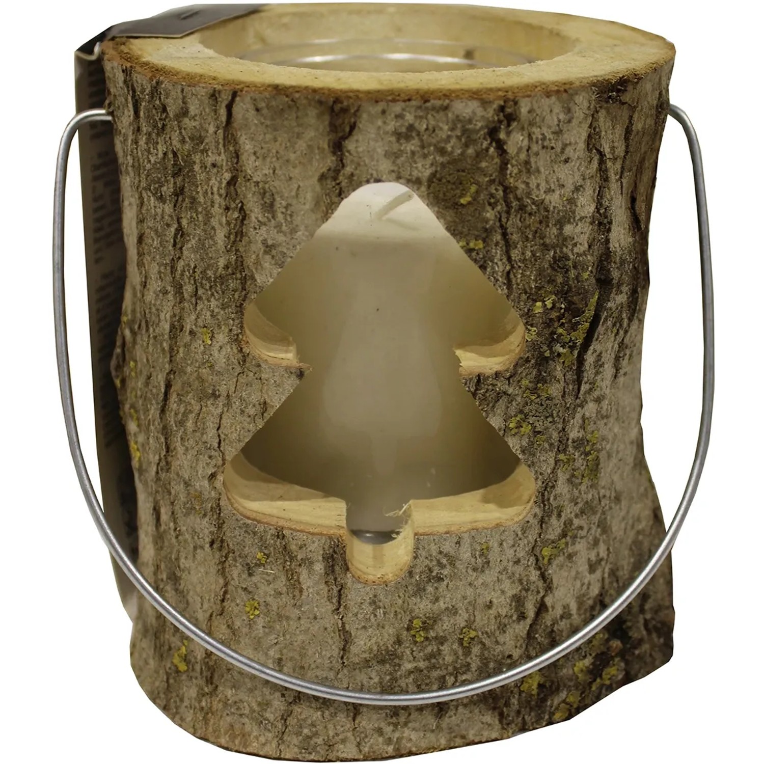 Rustikales Windlicht aus Holzstamm mit Glas und Baum-Motiv, 18x16 cm.