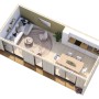 Grundriss Palmako Holz-Gartenhaus mit Satteldach, 901x448 cm, unbehandelt, mit Wohn- und Küchenbereich.