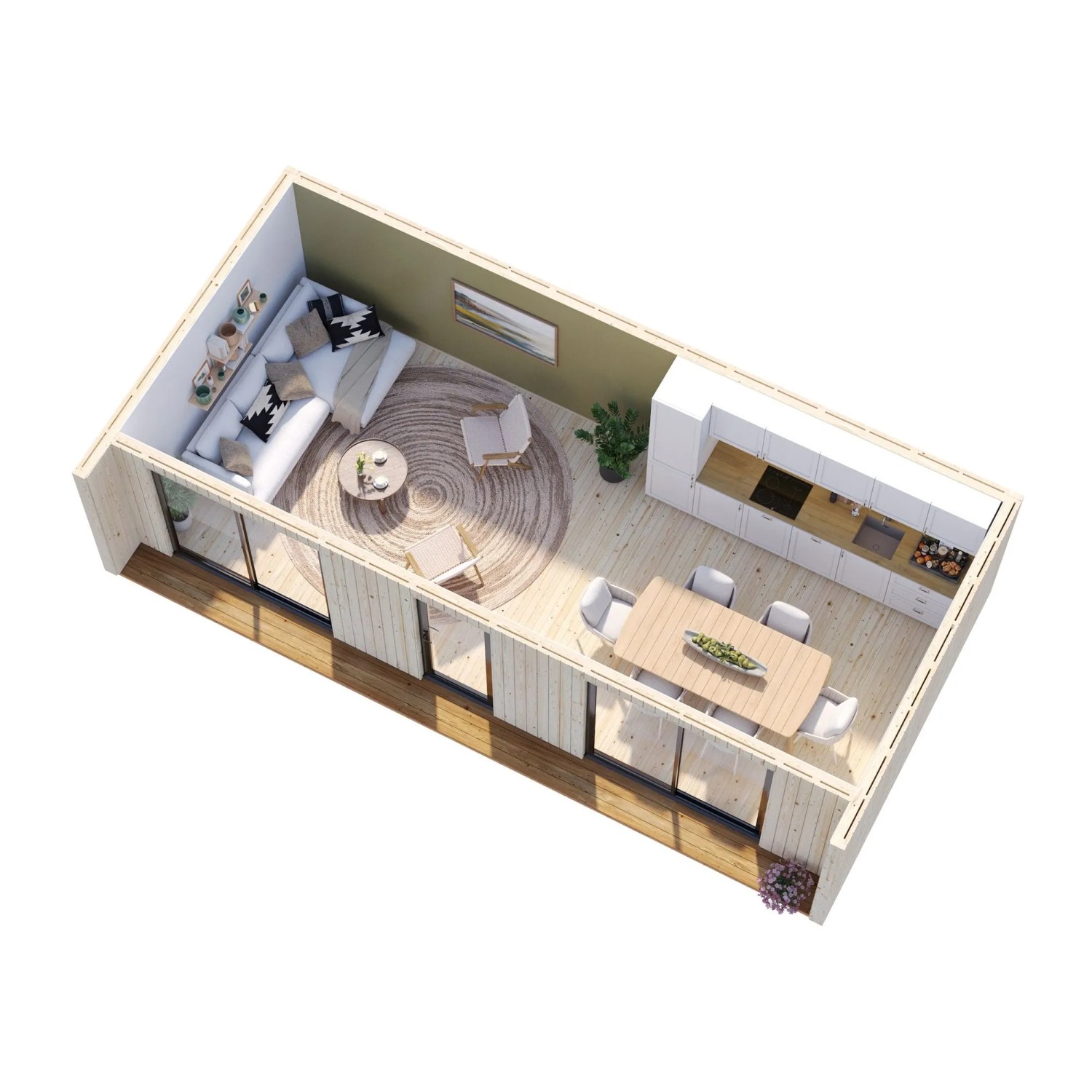 Grundriss Palmako Holz-Gartenhaus mit Satteldach, 901x448 cm, unbehandelt, mit Wohn- und Küchenbereich.