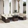 Braunes 11-teiliges vidaXL Garten-Sofa-Set aus Polyrattan mit Tisch und cremefarbenen Kissen.