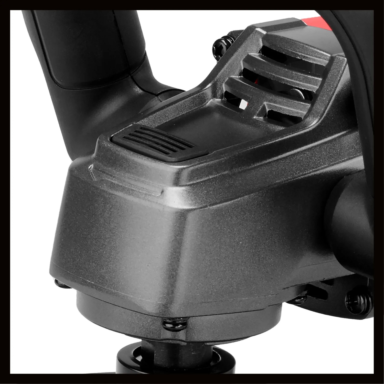 Detailaufnahme der Einhell CC-PO 1100/150 CE Poliermaschine, Fokus auf Gehäuse und Lüftungsschlitze.