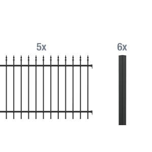 Metallzaun Grund-Set Chaussee Schwarz: 5 Zaunelemente und 6 Pfosten zum Einbetonieren.