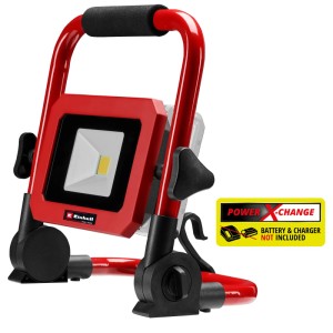 Einhell Akku-Lampe TC-CL 18/1800 Li, rot-schwarz, mit hellem LED-Arbeitslicht, Tragegriff und Standfuß.