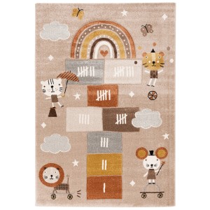 Beiger Kinderteppich 120x170cm mit Spielwelt-Motiv (Regenbogen, Tiere).