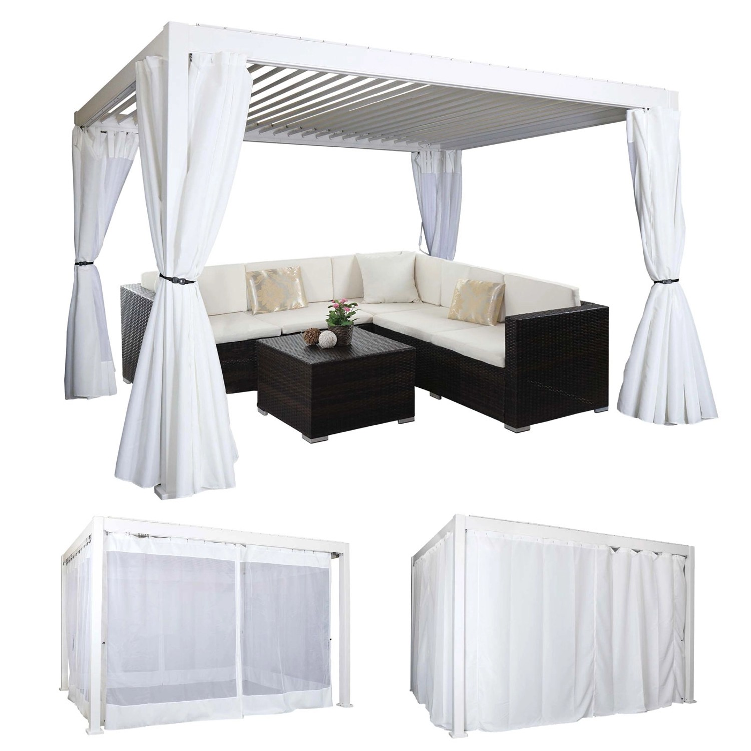 Weiße Seitenwand für MCW Pergola J32 3x4m als Wind- und Insektenschutz.