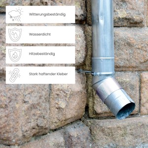 Schwarzes Daprona Butylband dichtet eine Regenrinne ab. Reperaturband für Dach und Fenster.