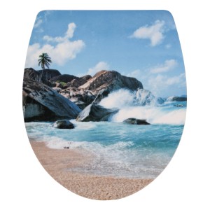 WC-Sitz Beach Day mit Absenkautomatik: Motiv mit Strand, Felsen und Meer.