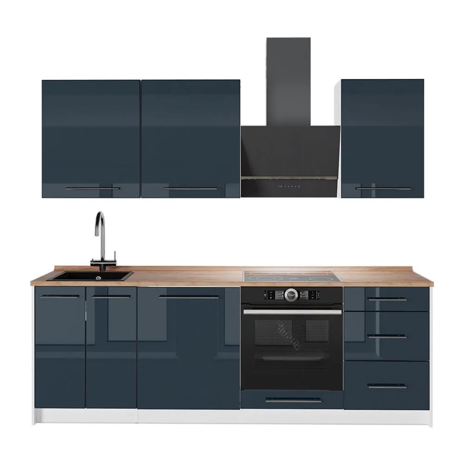 Vicco Küchenzeile Fame-Line Dunkelblau Hochglanz/Weiß 230 x 82 AP Eiche Art Nr 64023