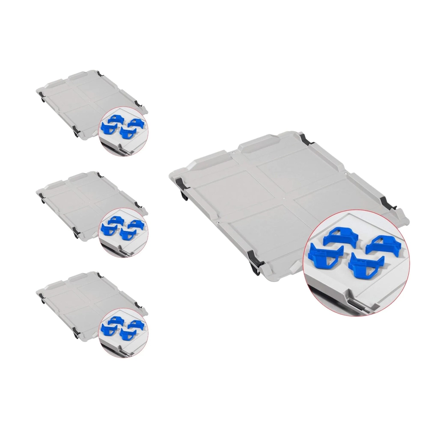 PROREGAL Spar Set: 4 graue Euroboxen mit Deckel und blauen Schiebeverschlüssen.