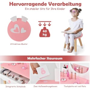 Rosa Kinder Schminktisch mit Hocker, Schublade und Aufbewahrungsboxen. Mädchen auf stabilem Hocker (40kg), Herzmuster, viel Stauraum.