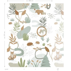 ESTAhome Fototapete Waldtiere in Grau-Grün und Beige, 200x279cm. Wald, Bär, Fuchs, Reh, Igel, Pflanzen