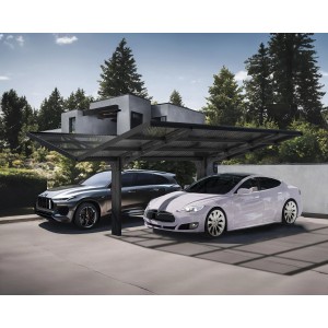 Schwarzes Palram Canopia Carport Sydney Wings mit zwei geparkten Autos.