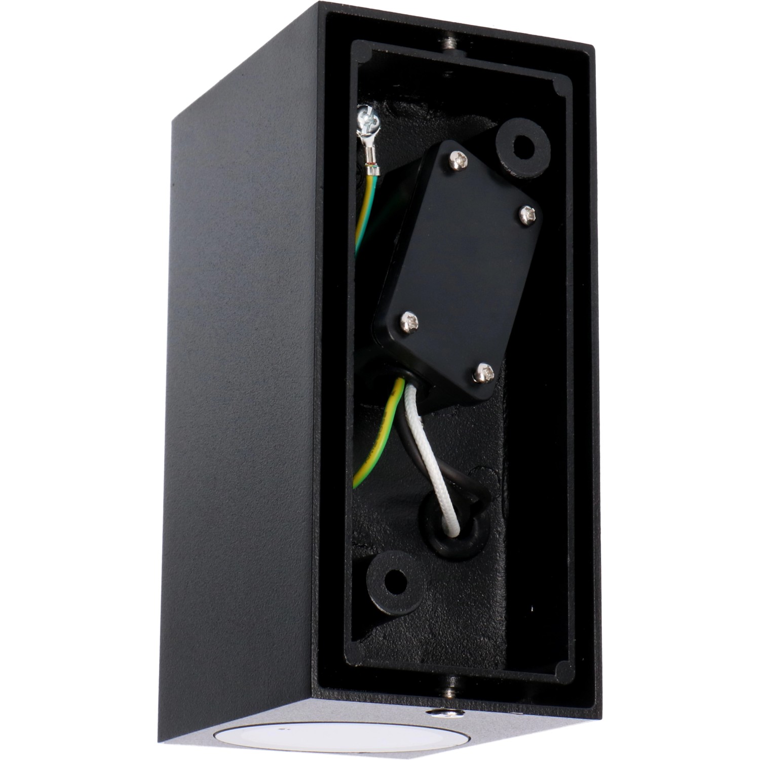 Detailansicht der eckigen, schwarzen LED`s light Außenleuchte mit Tageslichtsensor.