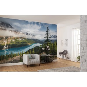 Vlies Fototapete Wonderland Canada mit Bergsee-Motiv im Wohnraum.