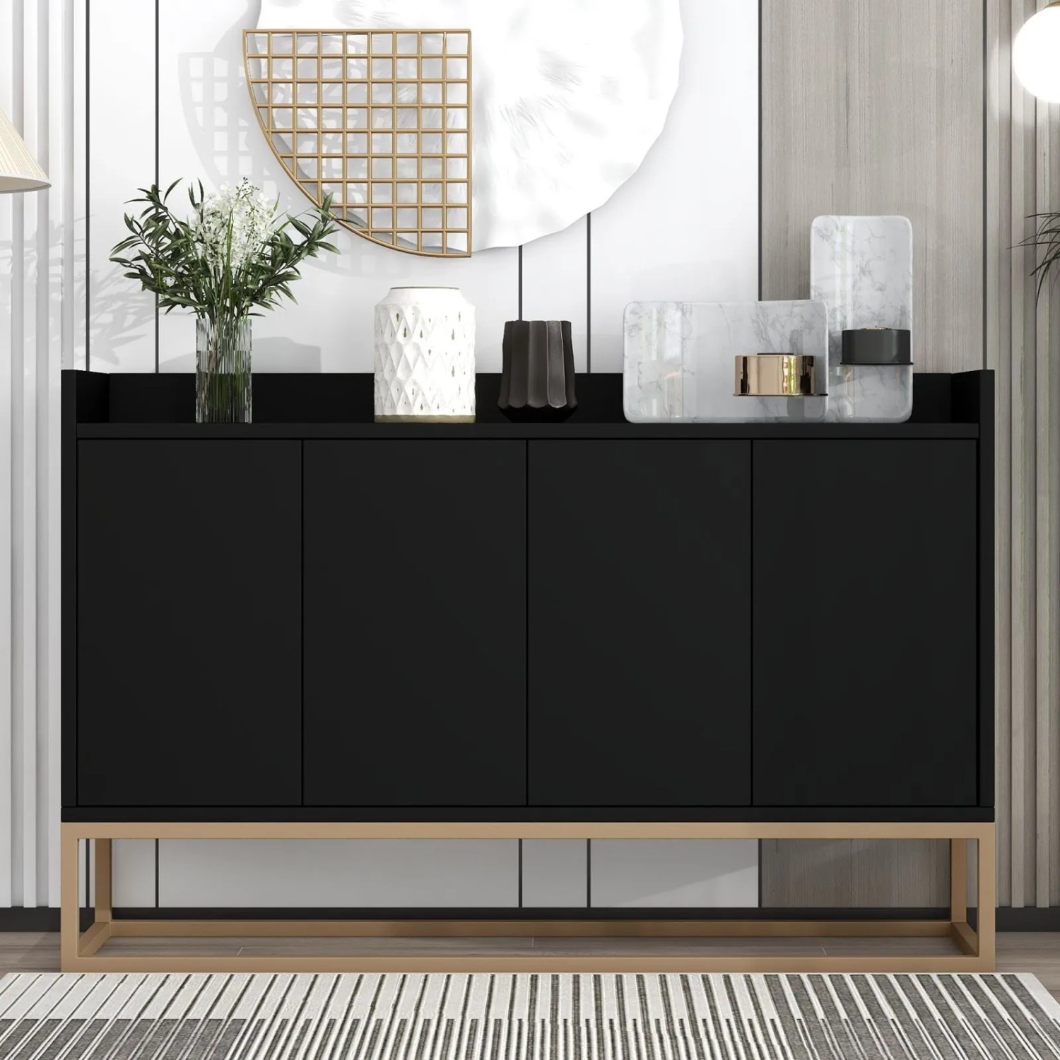 Schwarzer PXloue Buffetschrank mit 4 Türen und griffloser Optik für Ess- und Wohnzimmer.