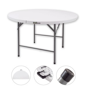 Runder, weißer TRUTZHOLM Klapptisch (Ø 120cm) für Camping, Garten oder Party mit Stahlgestell.