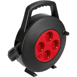 Schwarze Kabeltrommel mit rotem Kern, 7m Kabel, 4 Steckdosen für den Innenbereich.