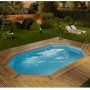 Holzpool Bahamas im Garten mit Holzdeck, Leiter und blauer Folie. Ideal zum Baden und Entspannen.
