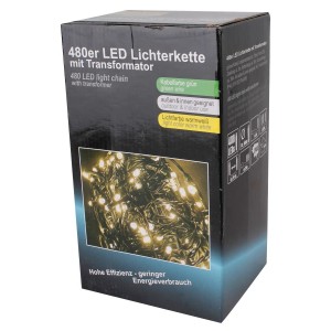 Schwarze Verpackung der Lex 480er LED Lichterkette, warmweiß, grünes Kabel, für innen & außen, inkl. Transformator.