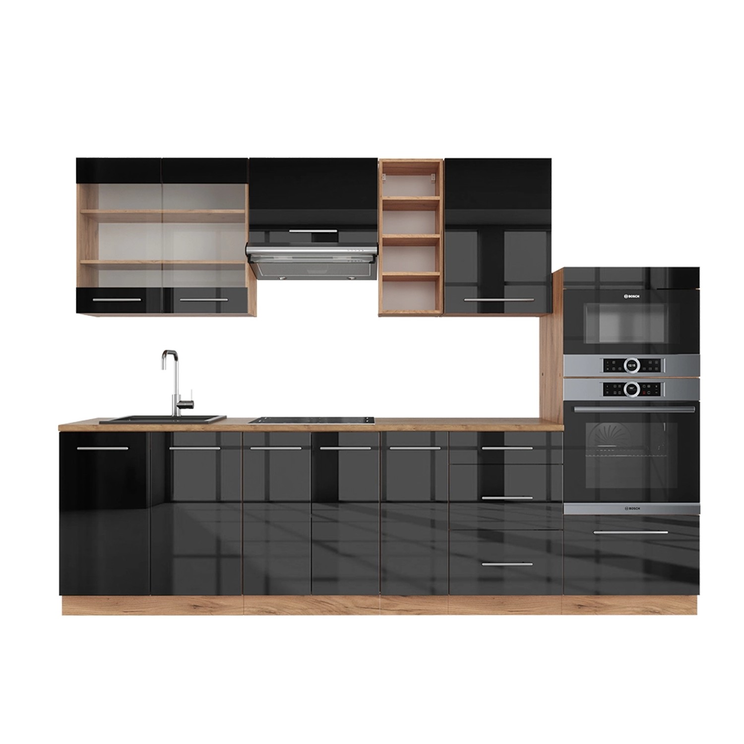 Vicco Fame-Line Küchenzeile Anthrazit Hochglanz/Goldkraft Eiche 280 cm AP M günstig online kaufen