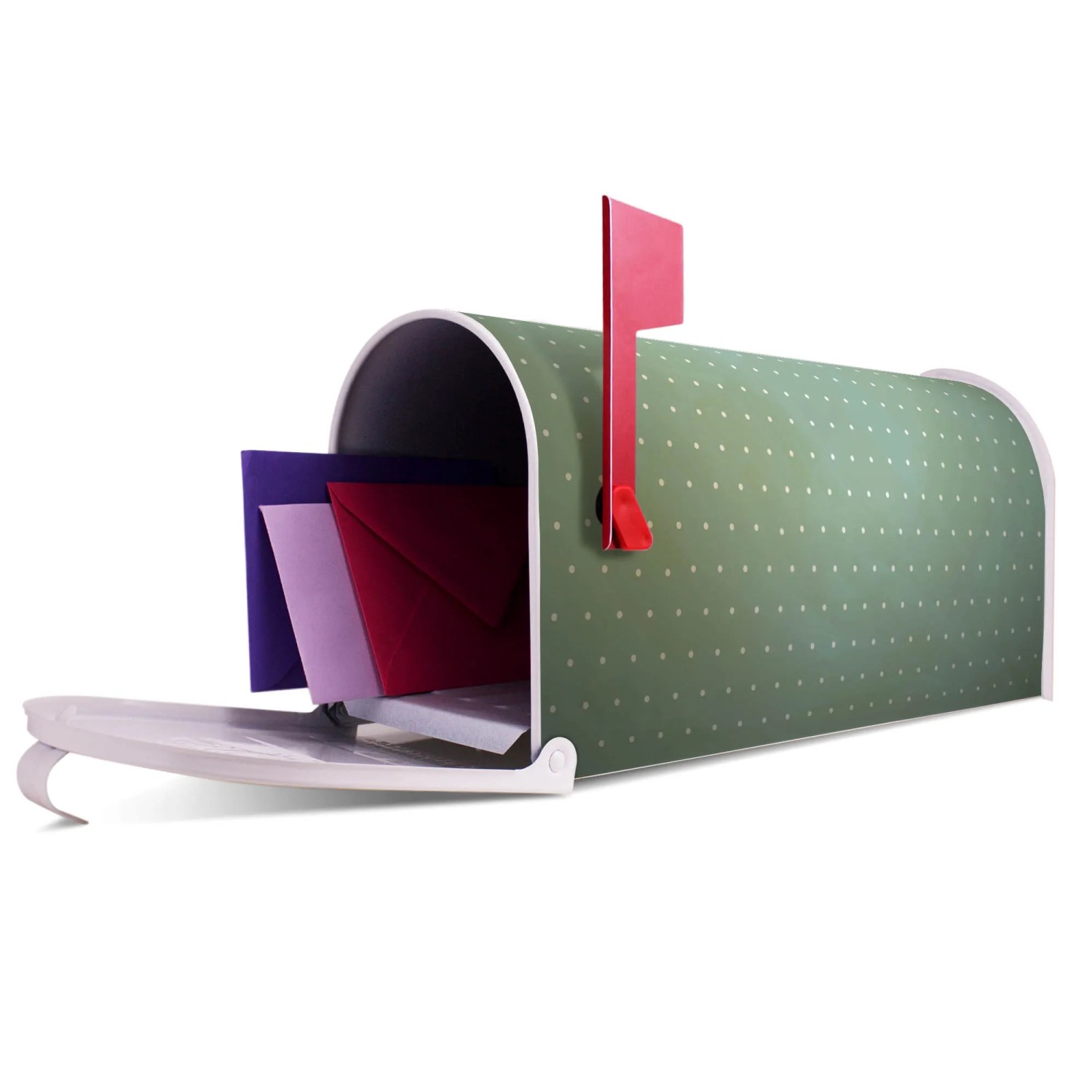 Weißer Banjado US Briefkasten mit Punkten und roter Fahne, gefüllt mit Briefen.