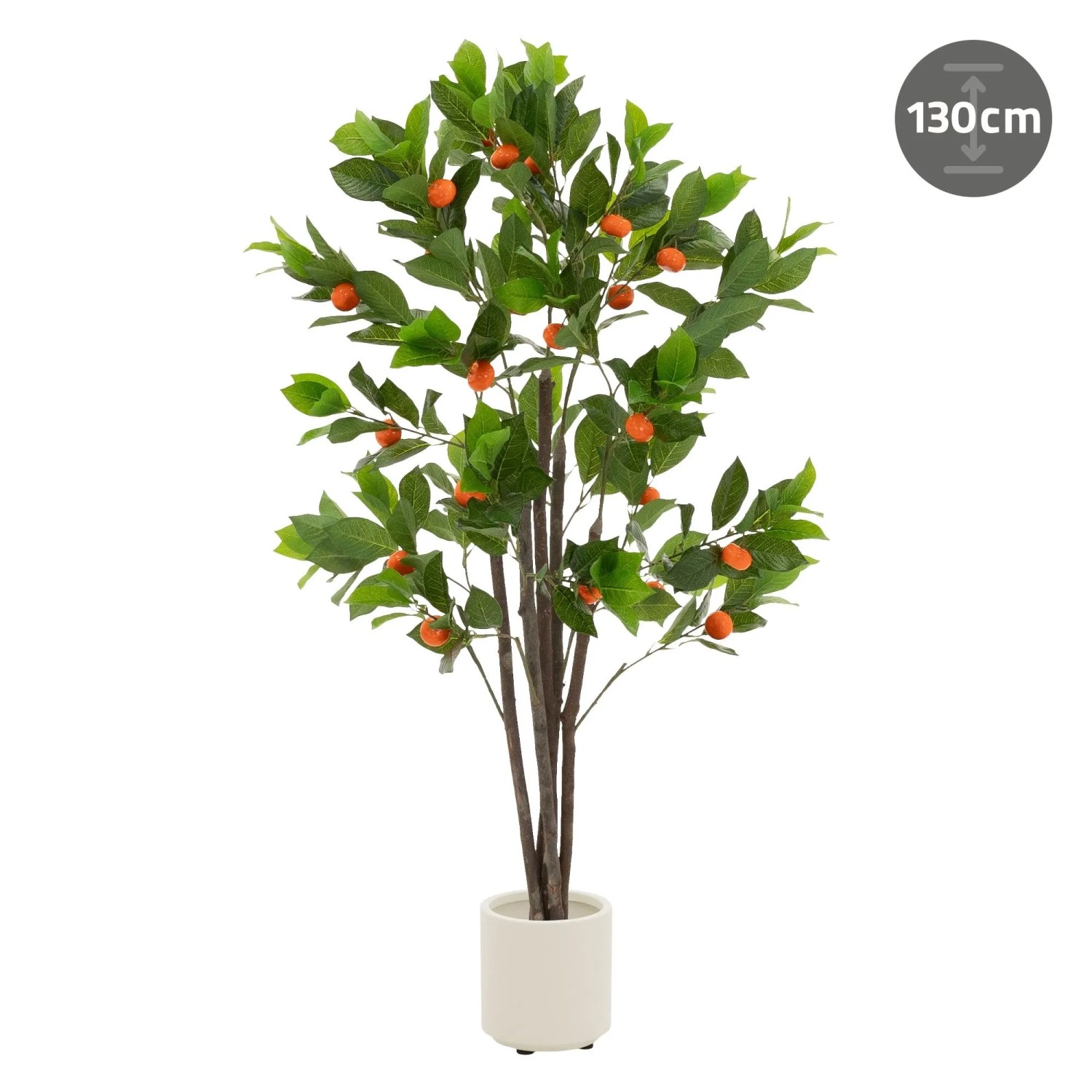 Künstlicher Orangenbaum 130 cm mit grünen Blättern, orangefarbenen Früchten und braunem Stamm in weißem Topf.